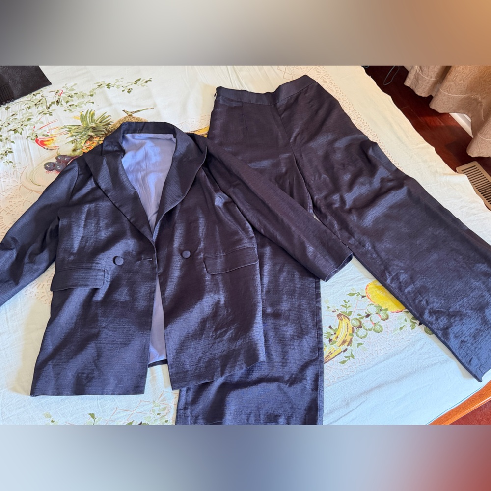 Handmade Silk Blend Suit Set | Blazer + Wide-Leg Pants | Navy Blue